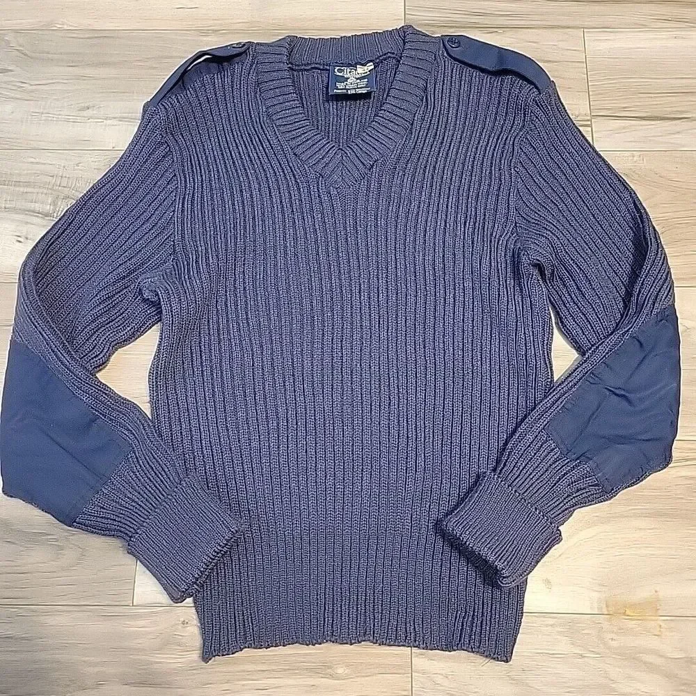 Vintage Citadel Sweater Adult 35 Blue  Wool V-Neck Long‎ Sleeve Elbow Pads